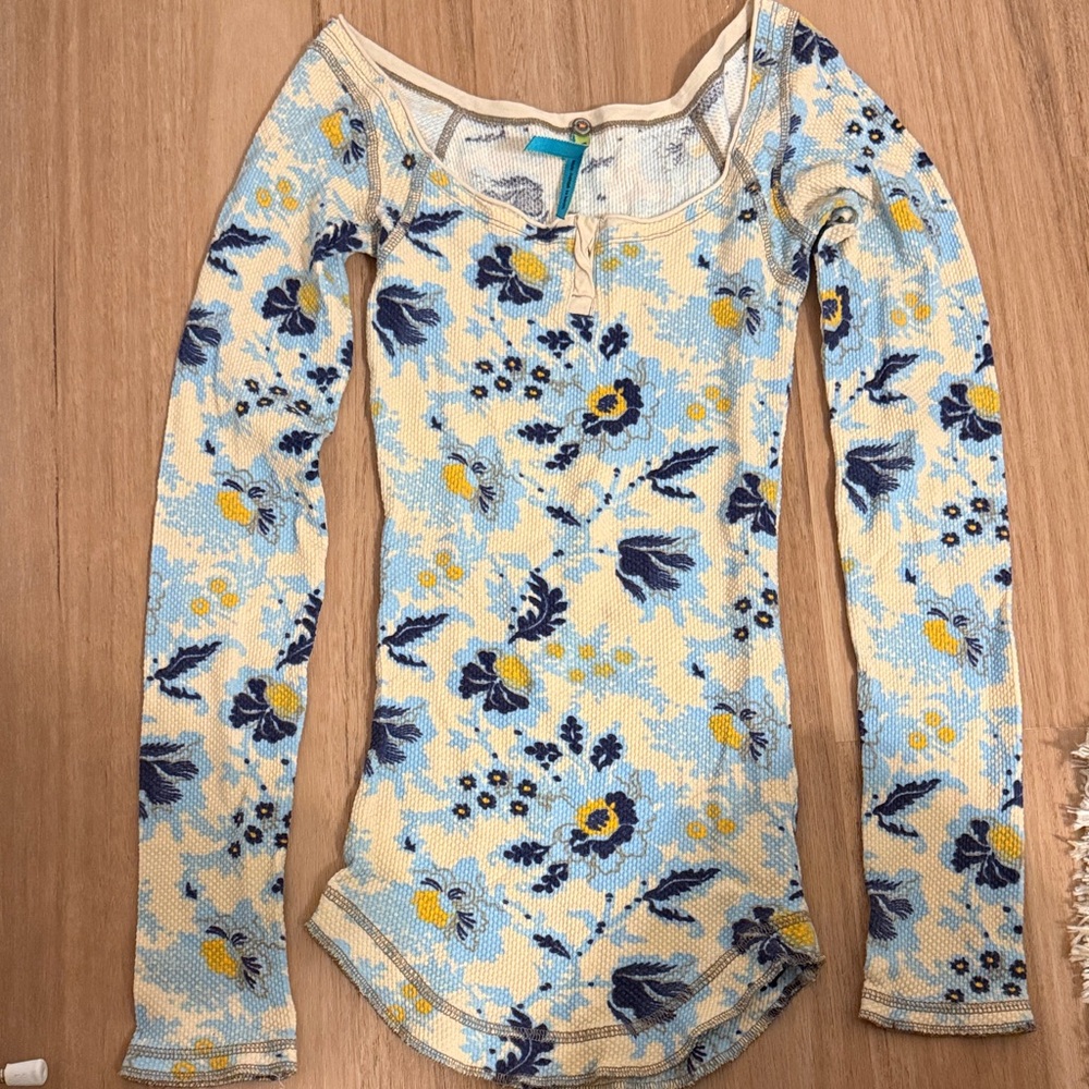 Free People Blue Floral Thermal Top